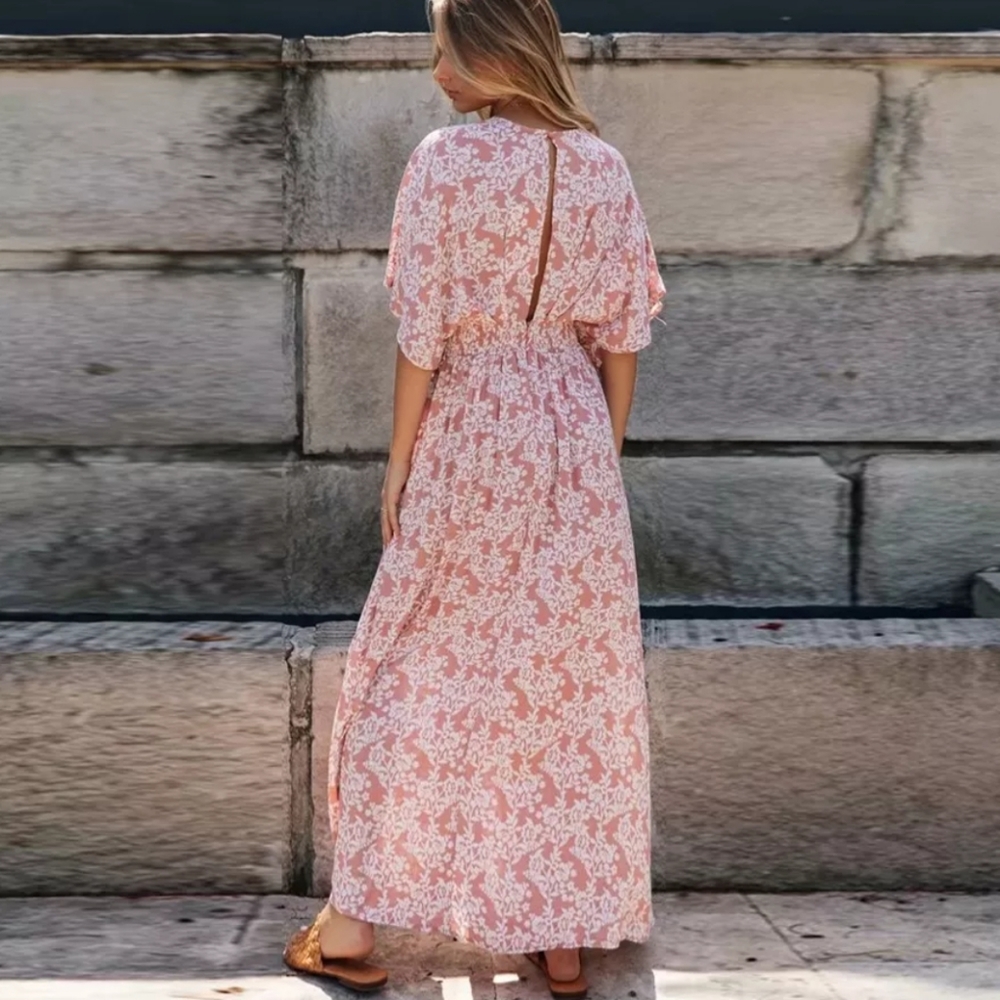 Floral Split Back V-neck Front Slit Cotton Boho Maxi Dress - Picture 3 of 16